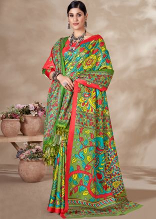 Multicolor Digital Printed Saree In Pashmina