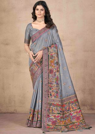 Grey Woven Art Pashmina Silk Saree & Blouse