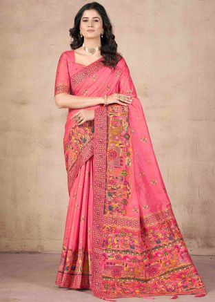 Coral Pink Art Pashmina Silk Woven Saree & Blouse