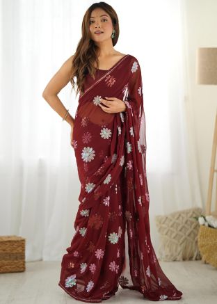 Maroon Sequins Embellished Georgette Saree