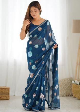 Teal Blue Sequins Georgette Saree With Blouse