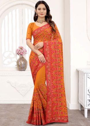 Mustard Yellow Embroidered Georgette Saree