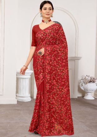 Maroon Embroidered Georgette Saree With Blouse