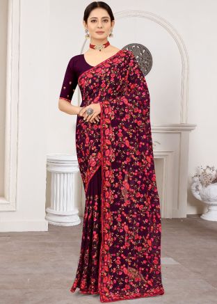 Wine Embroidered Saree In Georgette