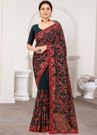 Bottle Green Georgette Saree In Resham Work