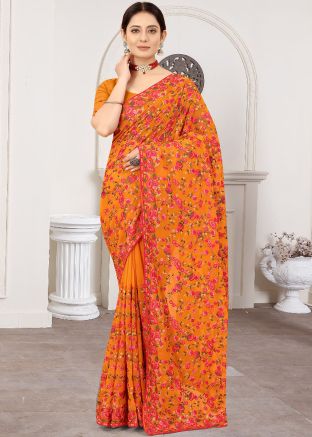 Resham Work Mustard Yellow Georgette Saree