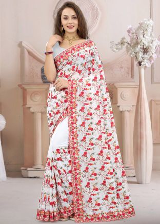 White Resham Work Saree In Georgette