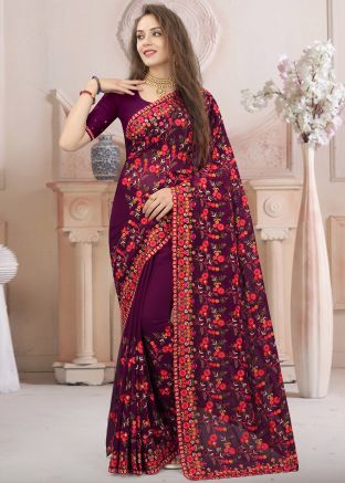 Wine Resham Embroidered Saree In Georgette