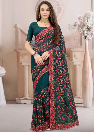 Teal Green Resham Embroidered Saree In Georgette