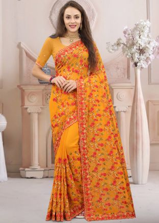 Resham Work Georgette Saree In Mustard Yellow