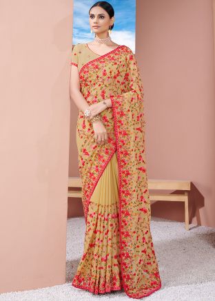 Beige Georgette Resham Embroidered Saree