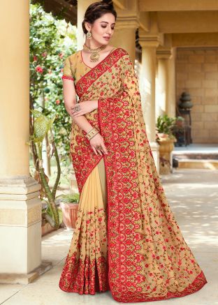 Beige Resham Embroidered Saree With Blouse