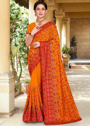 Mustard Yellow Resham Embroidered Saree With Blouse