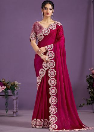 Pink Embroidered Border Satin Saree