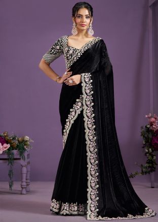 Black Embroidered Satin Silk Saree
