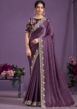 Purple Embroidered Border Saree In Satin