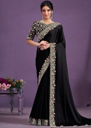 Black Embroidered Saree In Satin