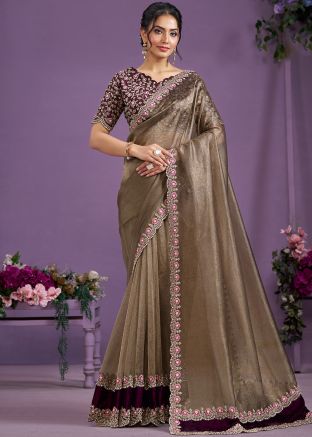 Brown Embroidered Banarasi Saree & Blouse