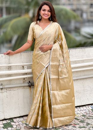Beige Zari Woven Saree In Tussar Silk