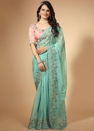 Turquoise Embroidered Organza Saree With Blouse