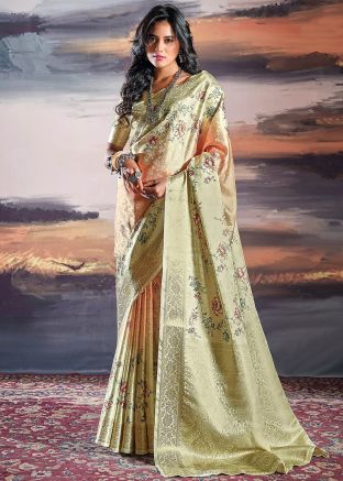 Shaded Green & Orange Woven Saree In Satin