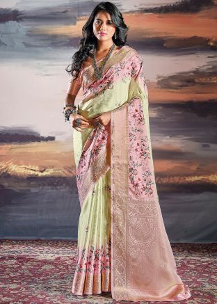 Shaded Yellow & Pink Satin Woven Saree