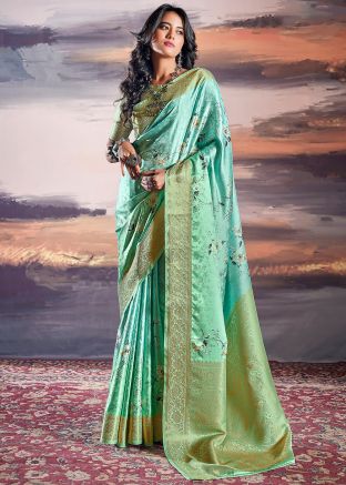 Shaded Turquoise Satin Woven Saree