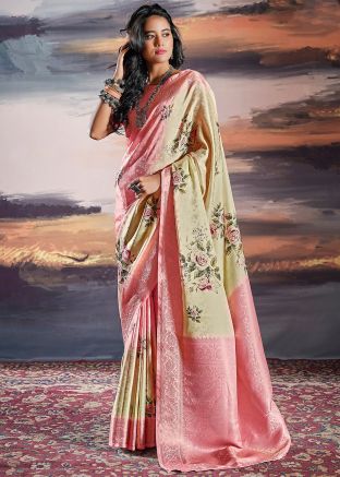 Shaded Beige & Pink Saree In Woven Work