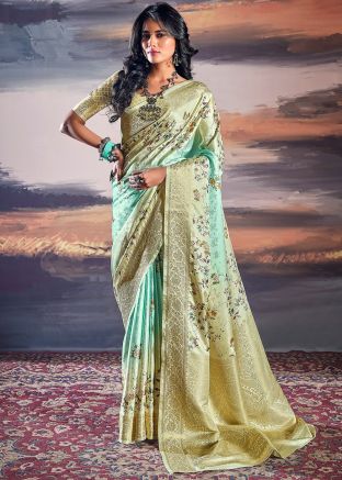 Shaded Turquoise & Beige Woven Satin Saree