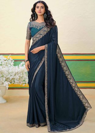 Teal Blue Blue Embroidered Shimmer Saree