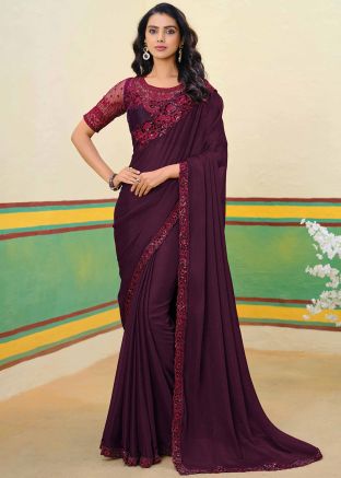 Wine Embroidered Border Saree In Shimmer