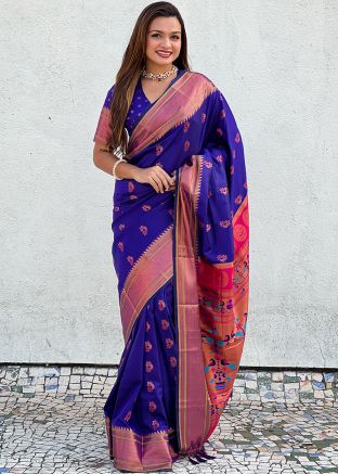 Blue Zari Woven Saree In Silk