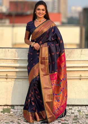 Blue Zari Woven Saree In Silk