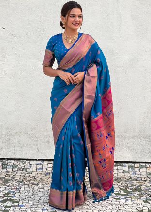 Blue Zari Woven Saree In Silk