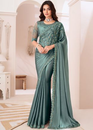 Green Sequins Work Saree In Satin