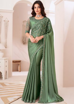 Green Embroidered Saree In Satin