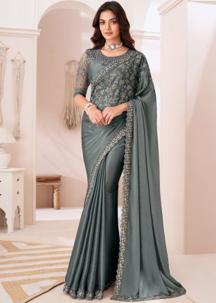 Grey Embroidered Saree In Satin