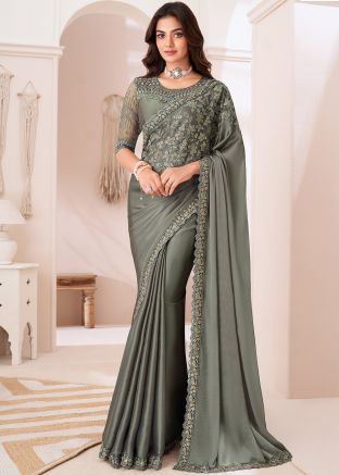 Grey Embroidered Saree In Satin