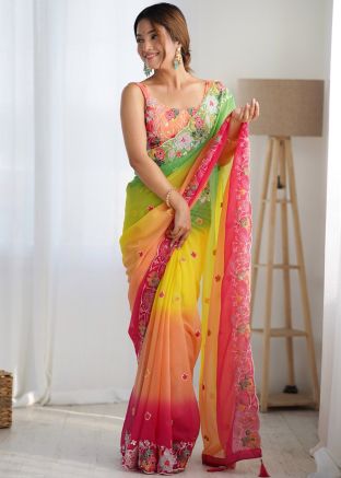 Thread Embroidered Multicolored Georgette Saree