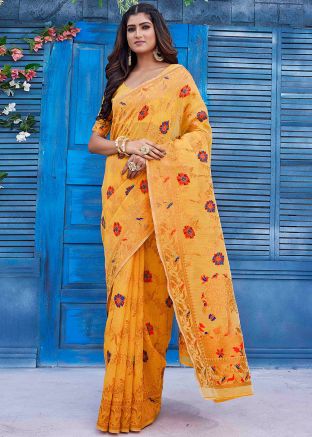 Mustard Yellow Woven Work Saree In Silk