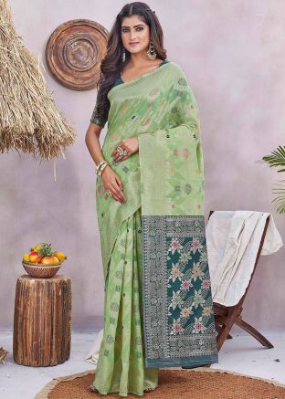 Pastel Green Zari Woven Work Saree In Silk