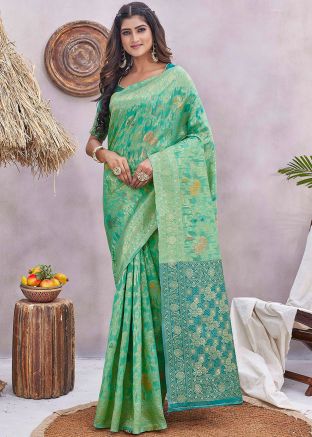 Seafoam Green Woven Silk Saree With Blouse