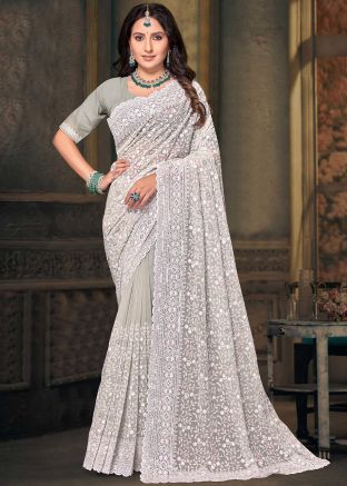 Grey Resham Embroidered Georgette Saree