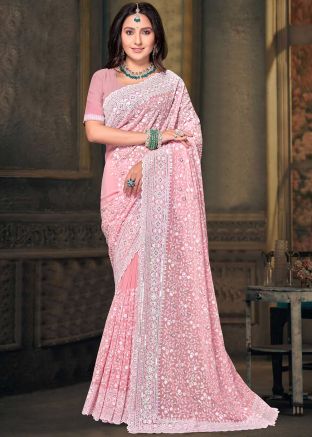 Dusty Peach Resham Embroidered Georgette Saree