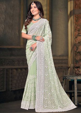 Sage Green Saree In Resham Embroidery