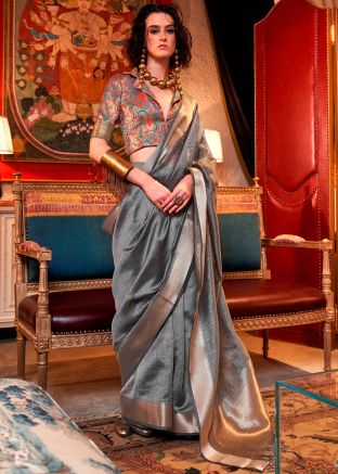 Grey Art Silk Saree In Zari Woven Work