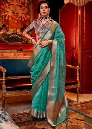 Teal Green Zari Woven Work Art Silk Saree