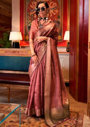Brown Zari Woven Work Saree In Art Silk