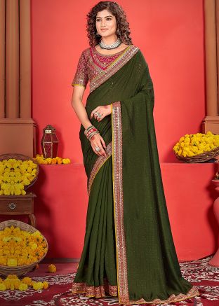 Green Stone Embellished Art Silk Saree