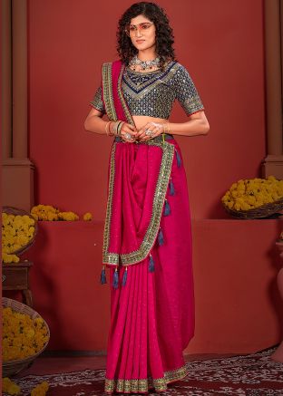 Pink Embroidered Border Saree In Art Silk